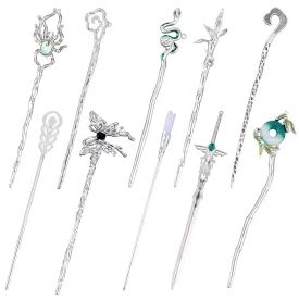 10 Pcs Chinese Hair Sticks, Silver Metal Hairpin Hanfu Decorative Hair Pins Snake Butterfly Flower Jade Stone Vintage Hair Chopsticks Elegant Asian Japanese Hairstyles Accessories for Women