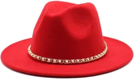 Autumn and Winter Felt Hat Gold Chain Woolen Hat European and American Jazz Felt Hat Men and Women Big Brim Flat Brimmed Hat Fengyan Cowboy Hats (Color : Orange red, Size : 56-58cm)