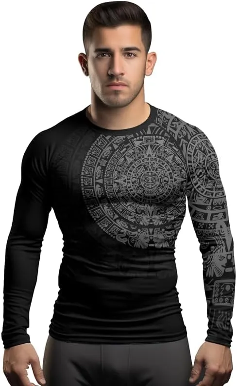 Aztec Ranked Long Sleeve Rash Guard Men's Baselayer Compression Shirt for MMA BJJ Jiu Jitsu