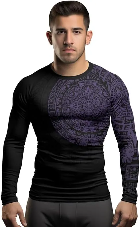 Aztec Ranked Long Sleeve Rash Guard Men's Baselayer Compression Shirt for MMA BJJ Jiu Jitsu