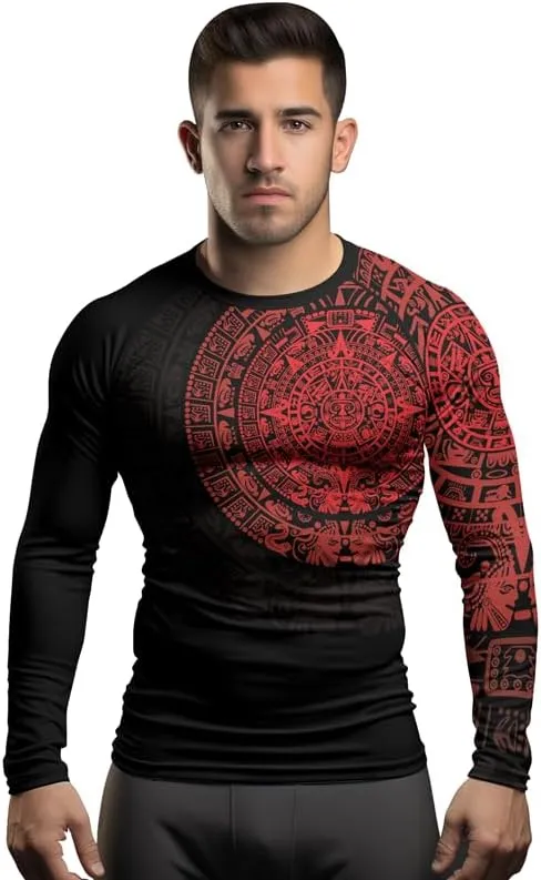 Aztec Ranked Long Sleeve Rash Guard Men's Baselayer Compression Shirt for MMA BJJ Jiu Jitsu