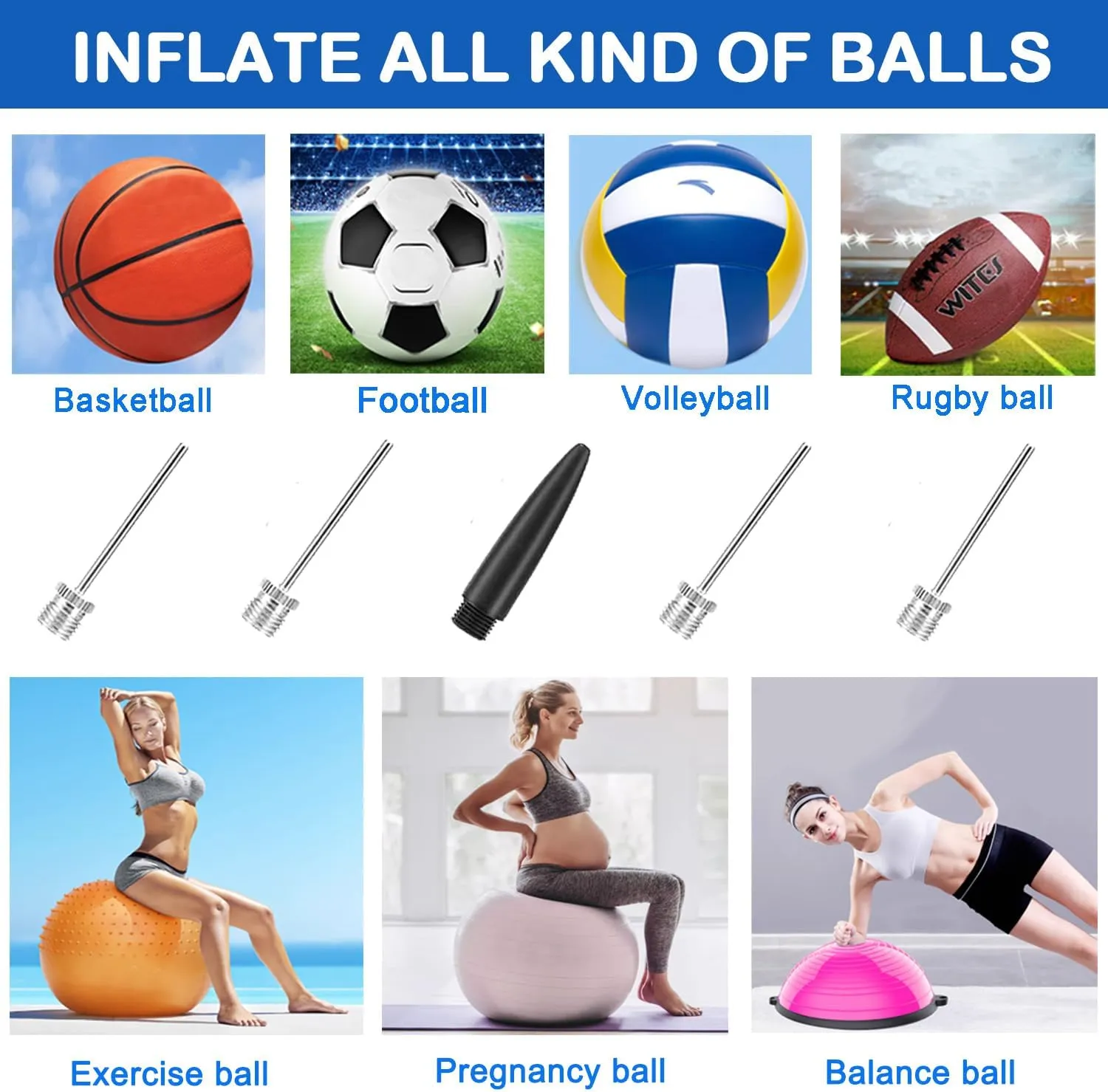 Ball Pump with Needle Storage(Never Lose Pin) Basketball Pump with 5 Needles and Extendable Cable, Soccer Football Pumps, Volleyball Pump Rugby Ball Inflator - Great for All Balls - 1&2 Pack Available