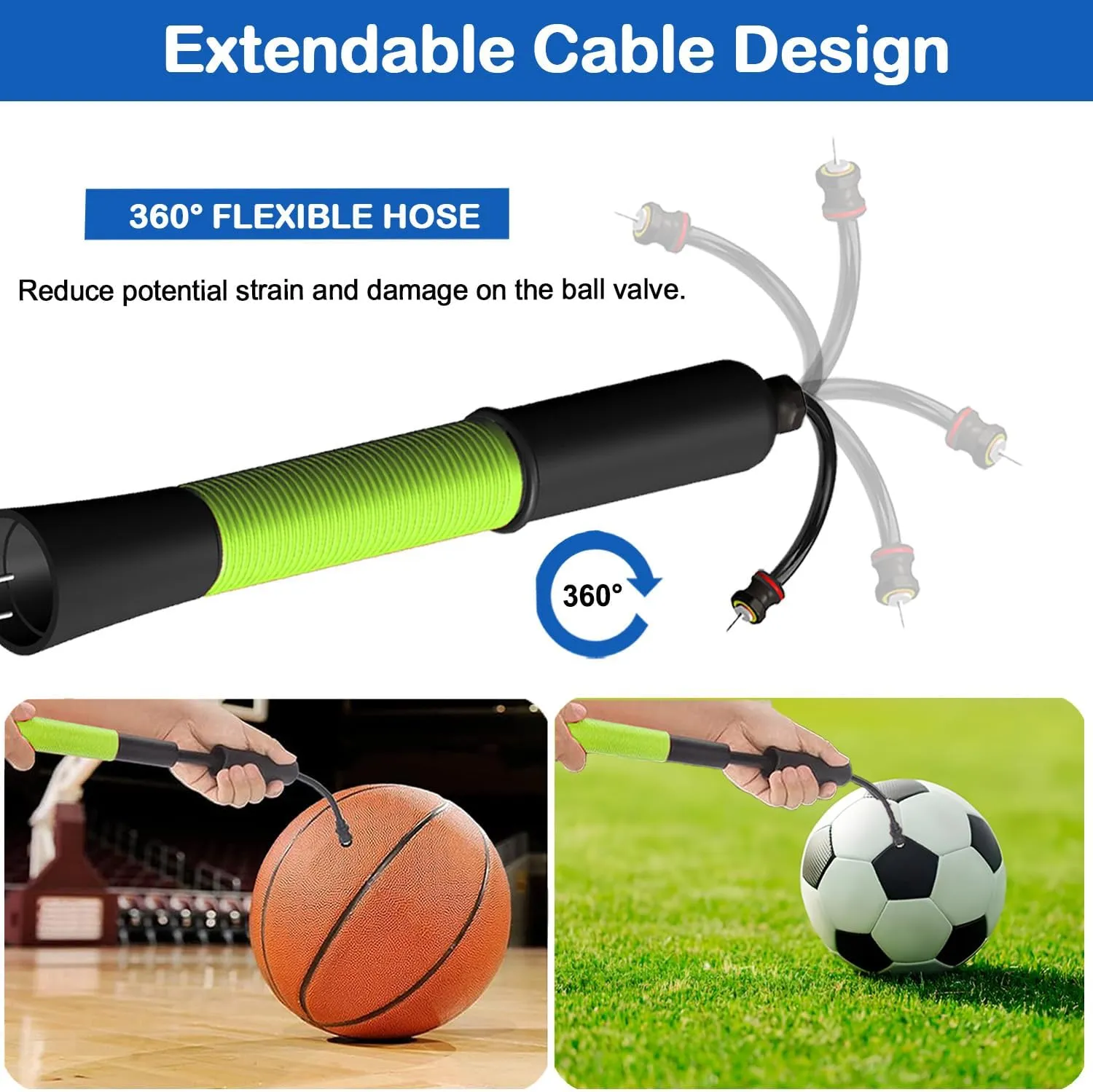 Ball Pump with Needle Storage(Never Lose Pin) Basketball Pump with 5 Needles and Extendable Cable, Soccer Football Pumps, Volleyball Pump Rugby Ball Inflator - Great for All Balls - 1&2 Pack Available