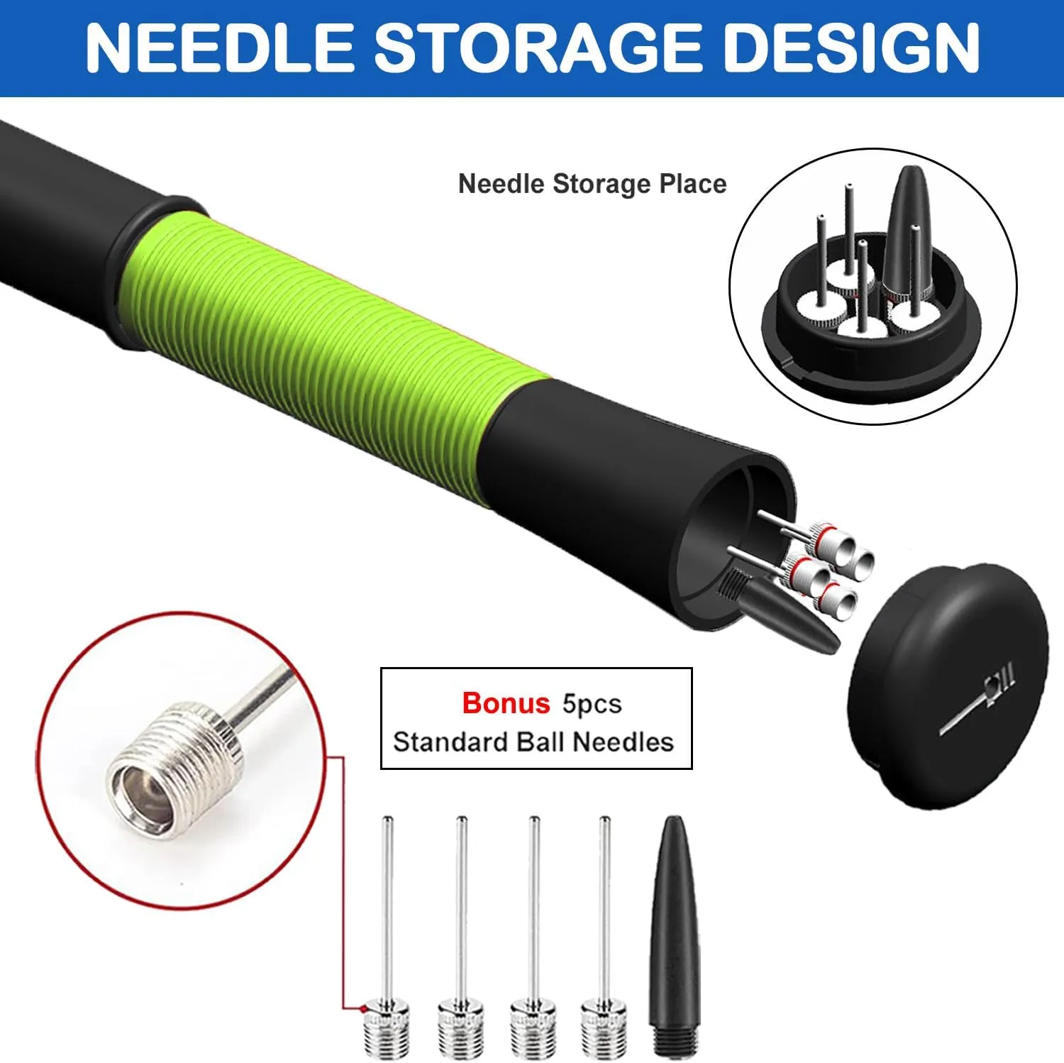 Ball Pump with Needle Storage(Never Lose Pin) Basketball Pump with 5 Needles and Extendable Cable, Soccer Football Pumps, Volleyball Pump Rugby Ball Inflator - Great for All Balls - 1&2 Pack Available