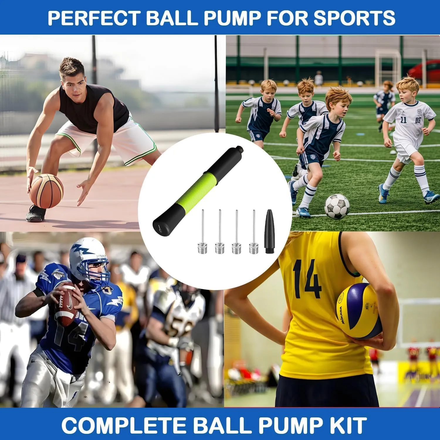 Ball Pump with Needle Storage(Never Lose Pin) Basketball Pump with 5 Needles and Extendable Cable, Soccer Football Pumps, Volleyball Pump Rugby Ball Inflator - Great for All Balls - 1&2 Pack Available