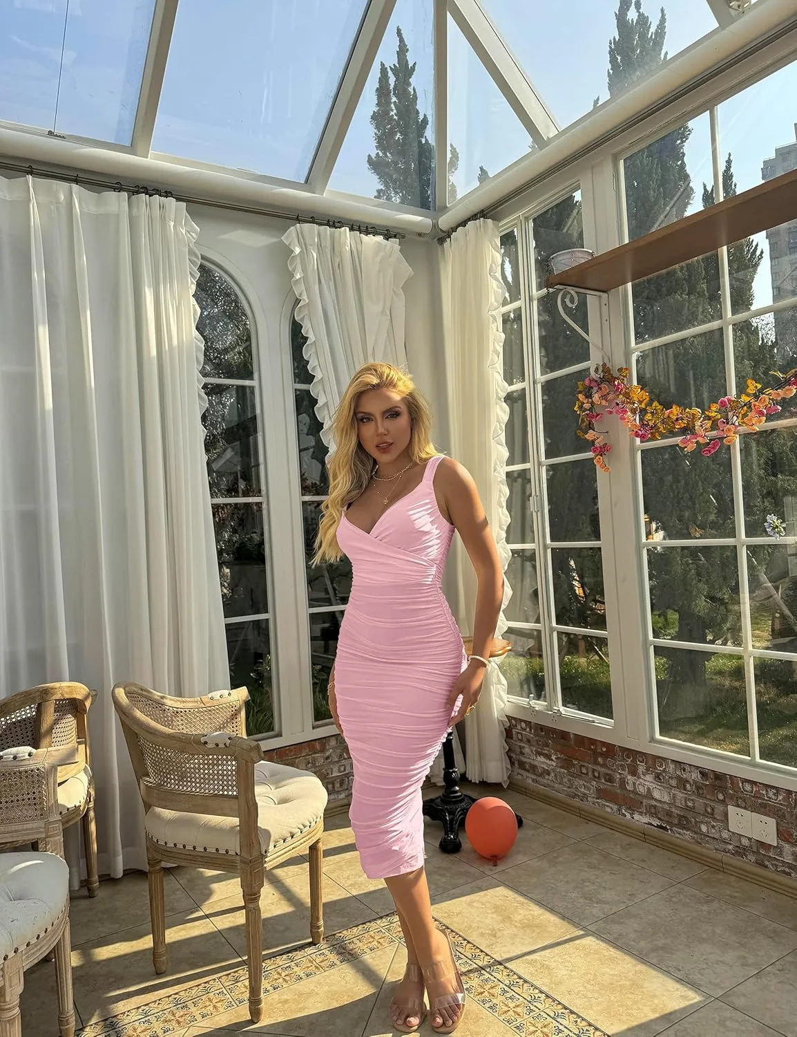 BEAGIMEG Women's Sexy Bodycon Sleeveless Ruched Mesh Club Party Midi Dress