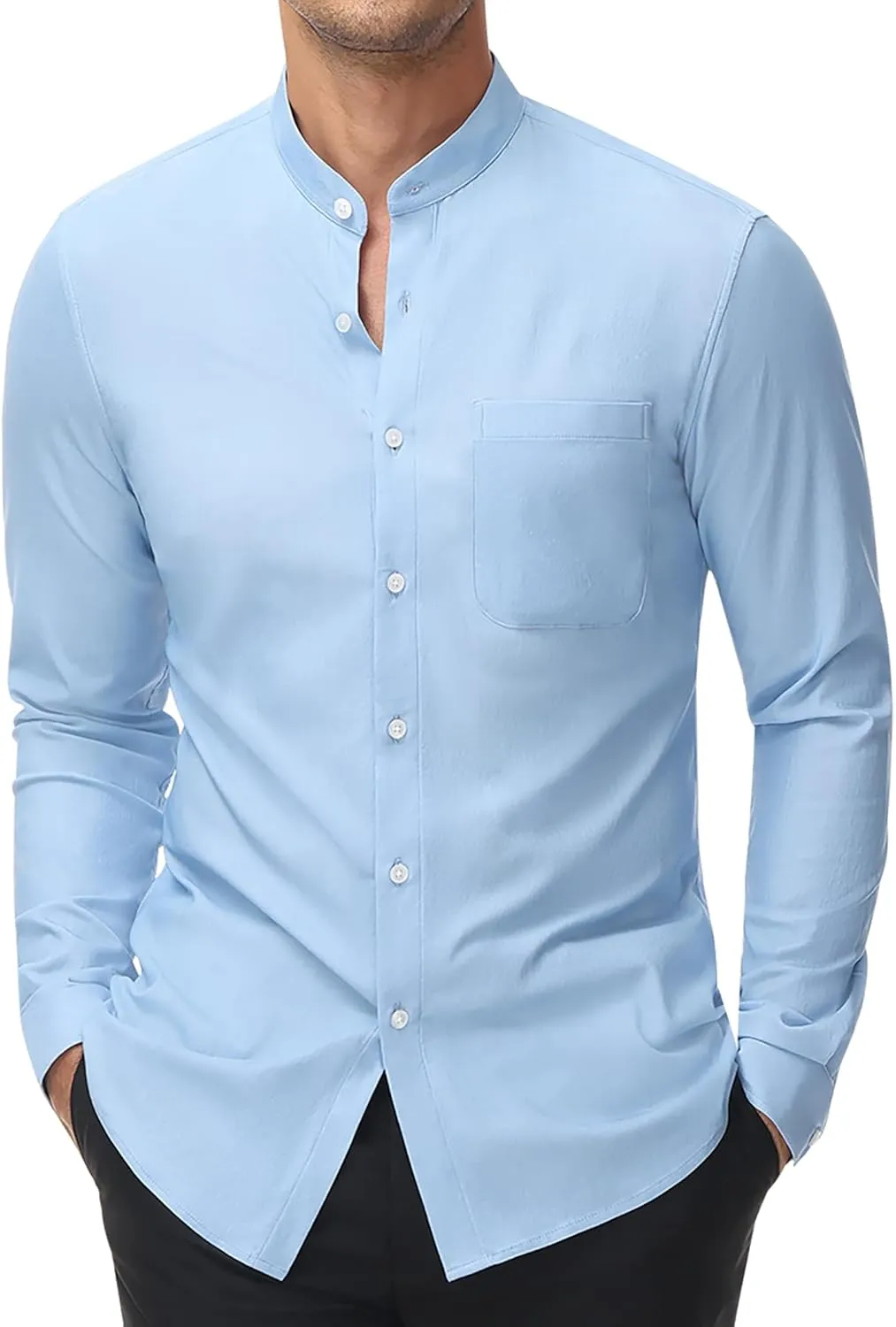 DEMEANOR Band Collar Dress Shirts for Men Stretch Dress Shirts Collarless Button Down Long Sleeve Shirts Muscle Fit