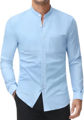 DEMEANOR Band Collar Dress Shirts for Men Stretch Dress Shirts Collarless Button Down Long Sleeve Shirts Muscle Fit