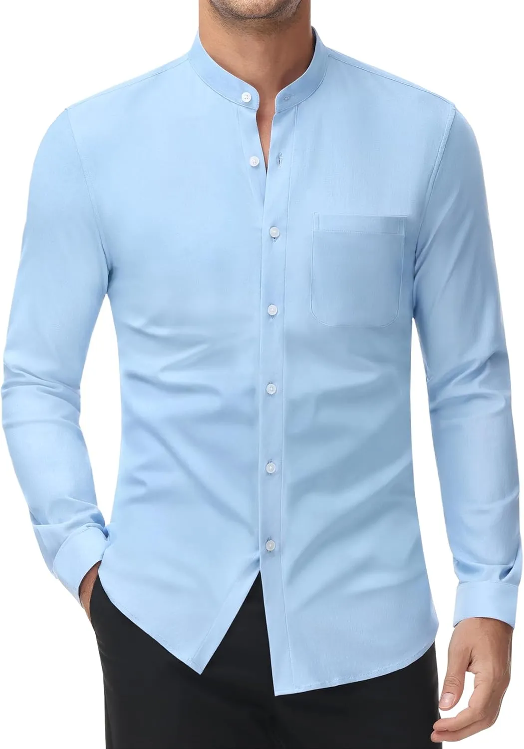 DEMEANOR Band Collar Dress Shirts for Men Stretch Dress Shirts Collarless Button Down Long Sleeve Shirts Muscle Fit