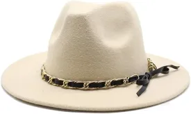 DHAEY New Golden Chain Bow Belt Woolen Hat European and American Jazz Felt Hat Men's and Women's Large Flat Brimmed Hat Luopan Caps & Hats(Beige) DHAEY New Golden Chain Bow Belt Woolen Hat European and American Jazz Felt Hat Men's and Women's Large Flat Brimmed Hat Luopan Caps & Hats(Beige)