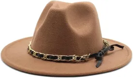 DHAEY New Golden Chain Bow Belt Woolen Hat European and American Jazz Felt Hat Men's and Women's Large Flat Brimmed Hat Luopan Caps & Hats(Light Coffee) DHAEY New Golden Chain Bow Belt Woolen Hat European and American Jazz Felt Hat Men's and Women's Large Flat Brimmed Hat Luopan Caps & Hats(Light Coffee)