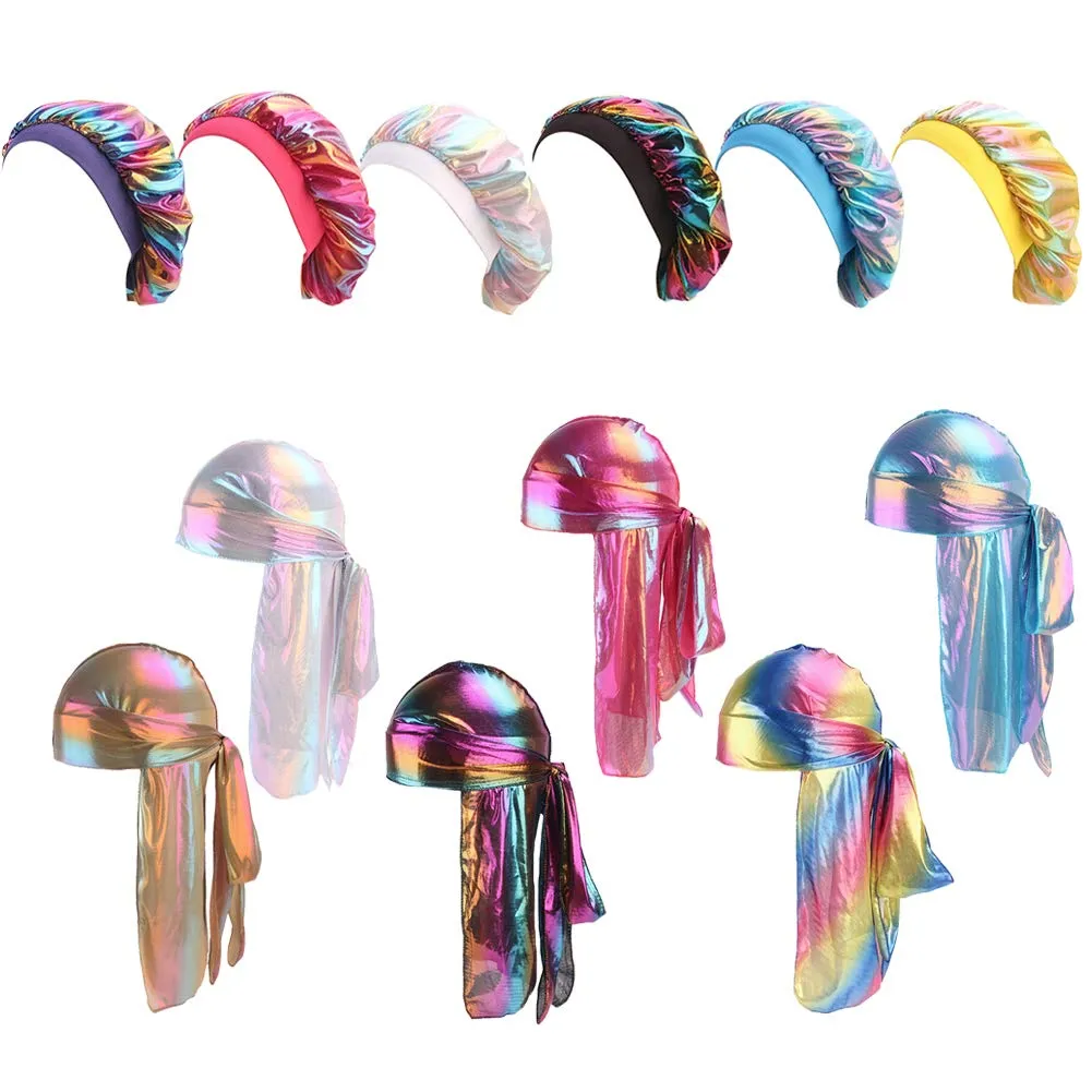 Durags and Bonnets 2pcs/Set for Men Women 360 Wave, Long Tail Silky Doo rag and Turban Sleep Cap