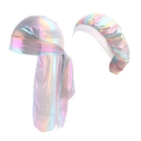 Durags and Bonnets 2pcs/Set for Men Women 360 Wave, Long Tail Silky Doo rag and Turban Sleep Cap