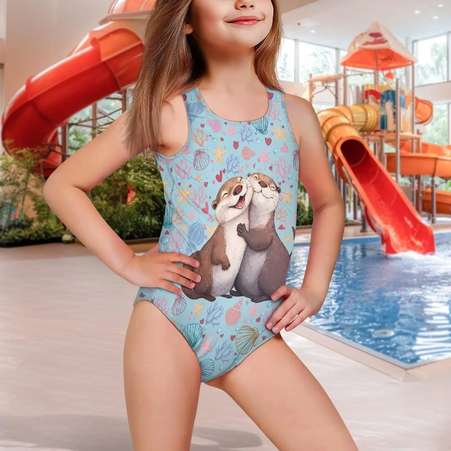 Girls Swimsuit Size 5-14 Fancy Girls' Swimwear Crew Neck One Piece Swimsuits for Boating Trips