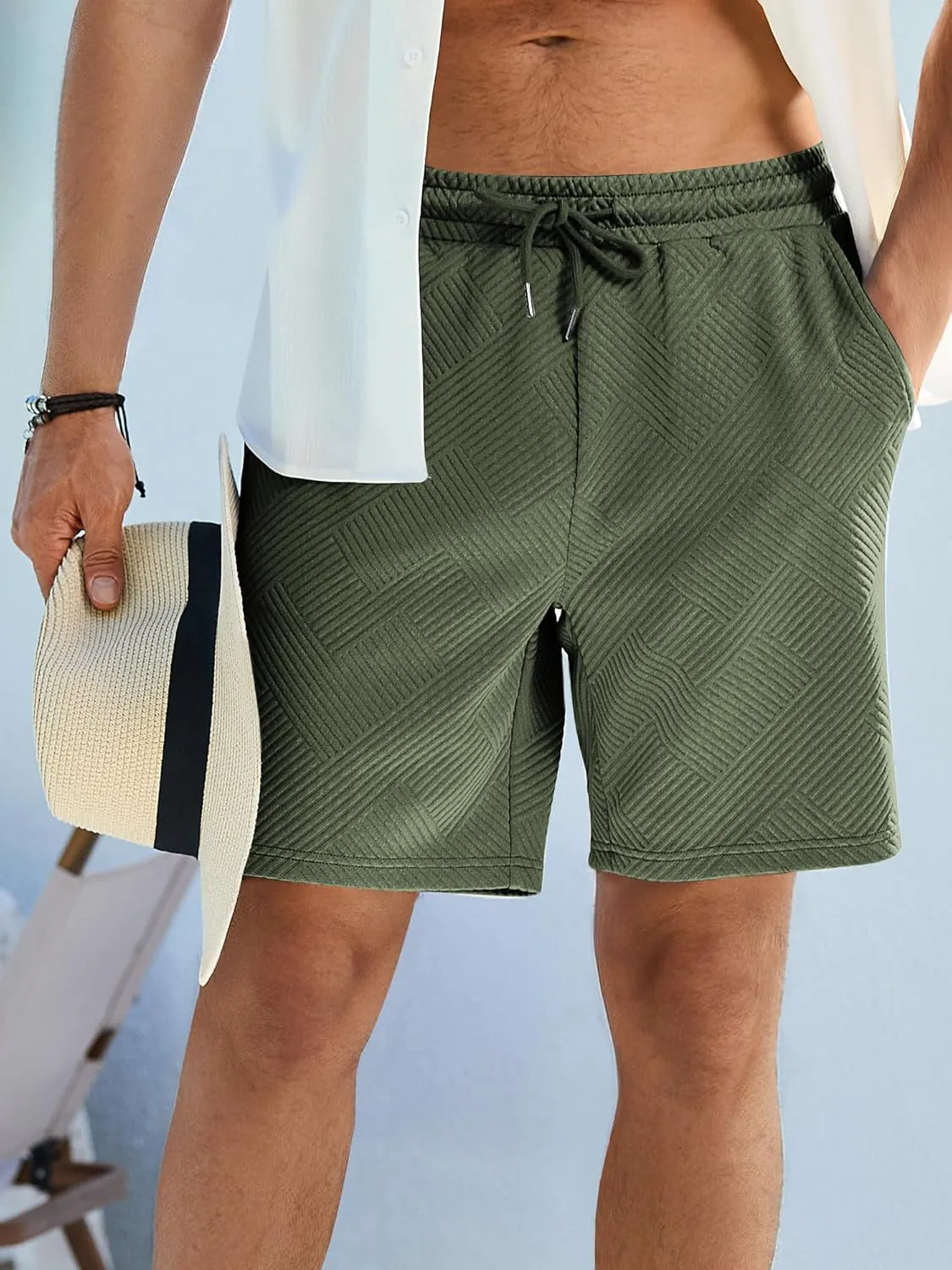 JMIERR Mens Casual 7" Shorts Summer Drawstring Elastic Waist Beach Sweat Shorts Texture with Pockets