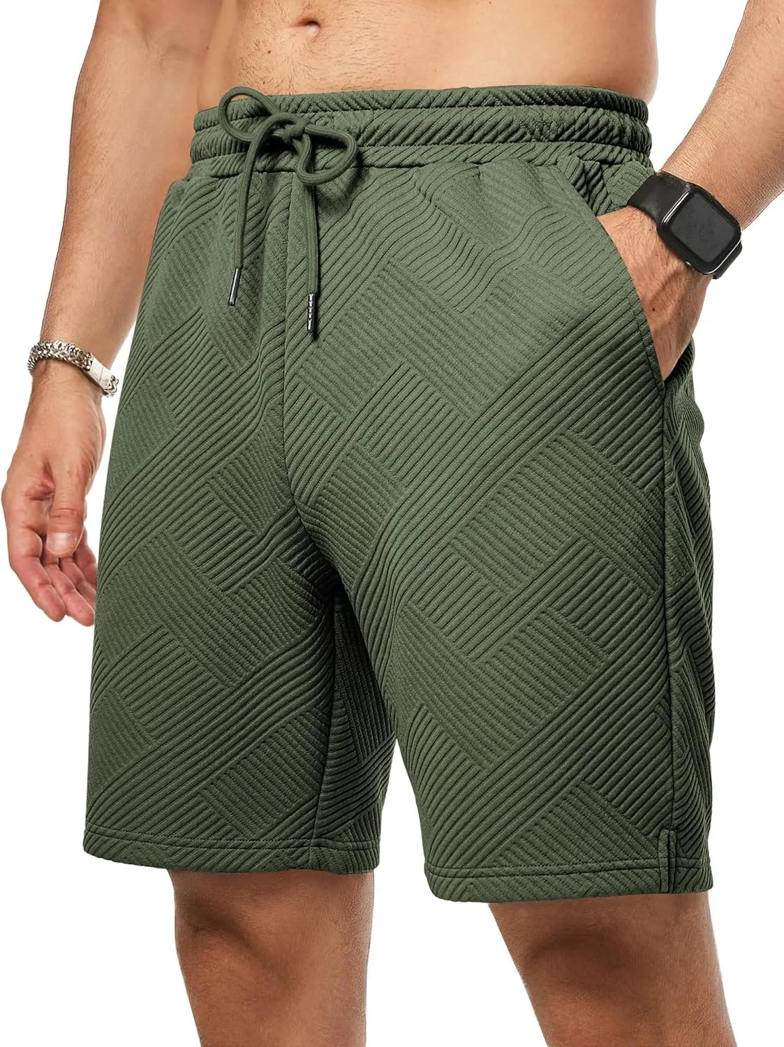 JMIERR Mens Casual 7" Shorts Summer Drawstring Elastic Waist Beach Sweat Shorts Texture with Pockets