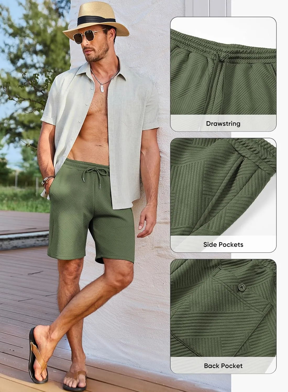 JMIERR Mens Casual 7" Shorts Summer Drawstring Elastic Waist Beach Sweat Shorts Texture with Pockets