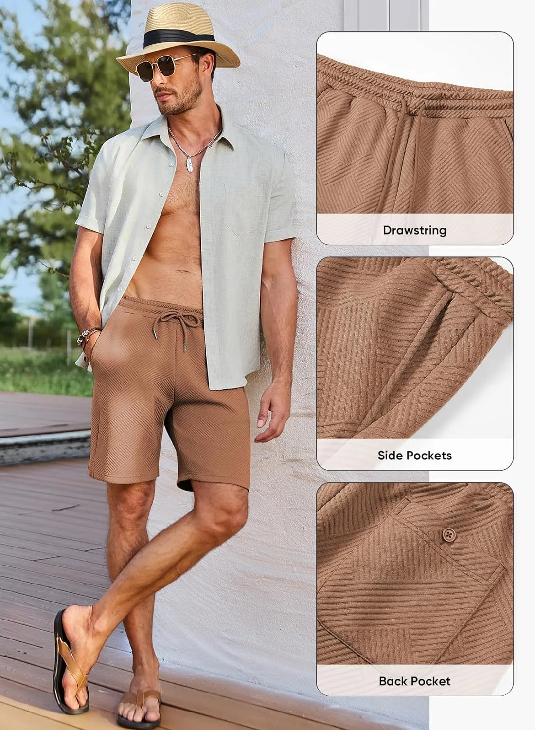 JMIERR Mens Casual 7" Shorts Summer Drawstring Elastic Waist Beach Sweat Shorts Texture with Pockets