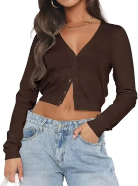 LEEDYA Women's Long Sleeve Cardigans Open Front Knit Cropped Sweaters Fall V Neck Button Down Jacket Tops