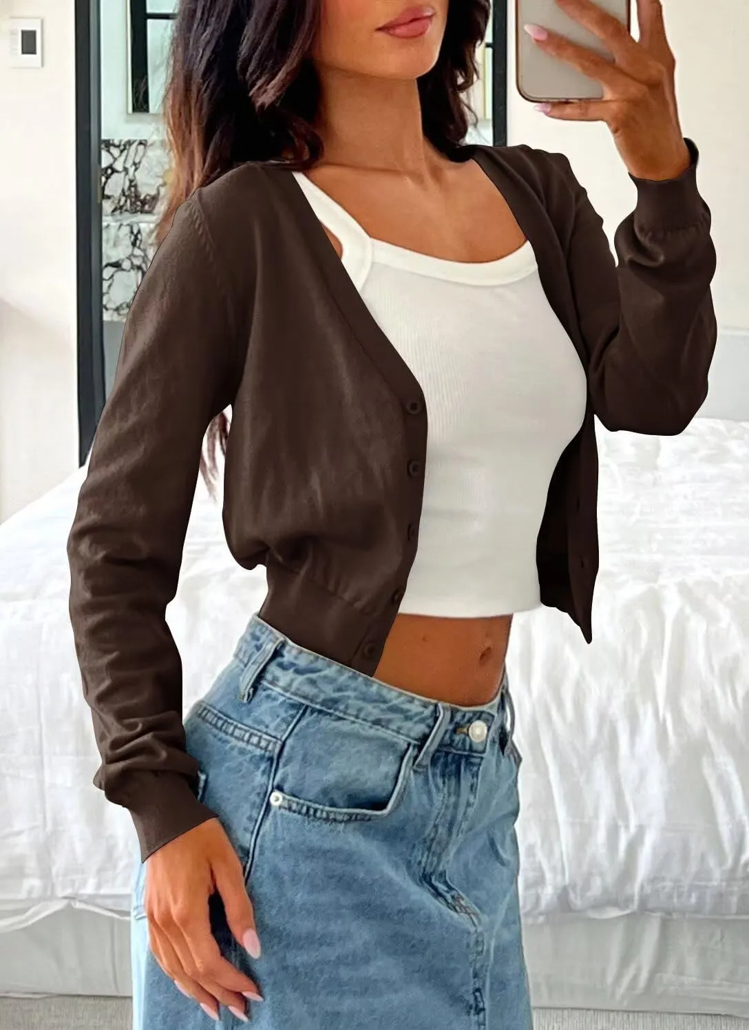 LEEDYA Women's Long Sleeve Cardigans Open Front Knit Cropped Sweaters Fall V Neck Button Down Jacket Tops