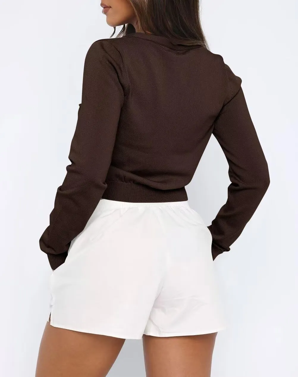 LEEDYA Women's Long Sleeve Cardigans Open Front Knit Cropped Sweaters Fall V Neck Button Down Jacket Tops