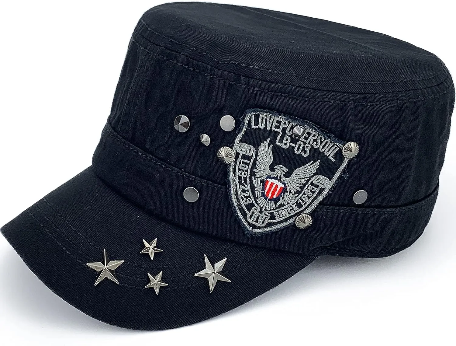 Men Women Soft Washed Cotton Adjustable Flat Top Military Army Hat Cadet Cap Zip Studs Embroidery Patch