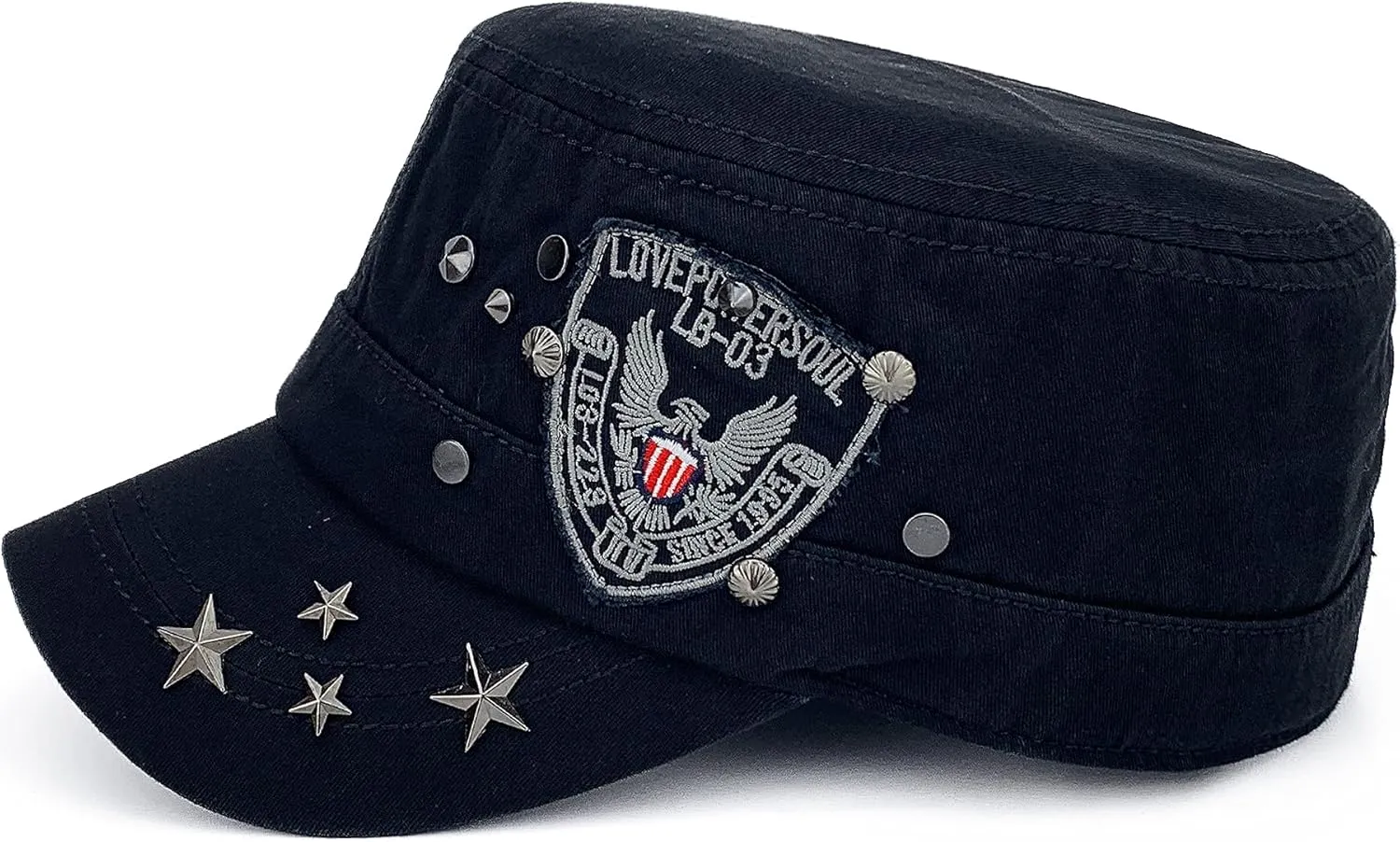 Men Women Soft Washed Cotton Adjustable Flat Top Military Army Hat Cadet Cap Zip Studs Embroidery Patch