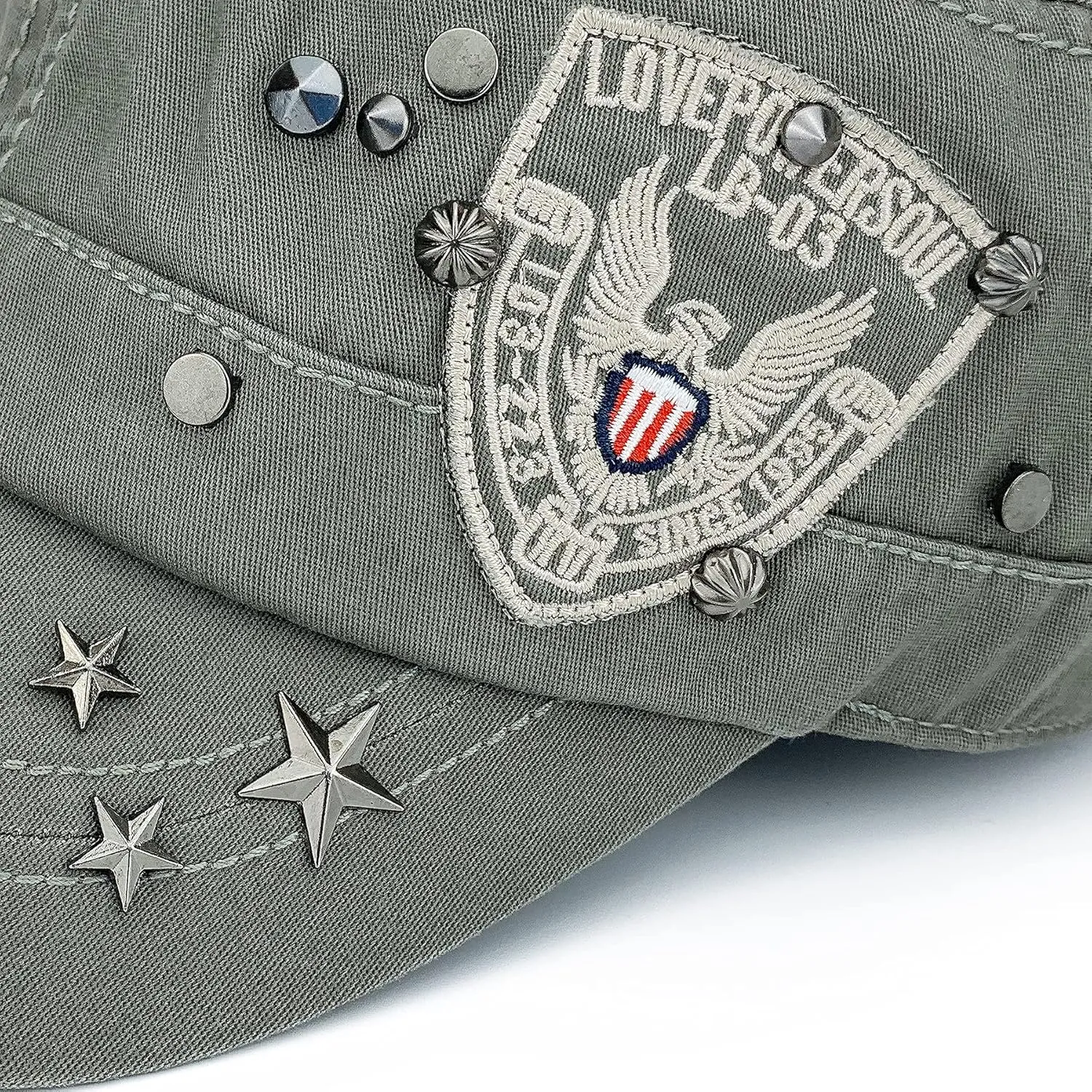 Men Women Soft Washed Cotton Adjustable Flat Top Military Army Hat Cadet Cap Zip Studs Embroidery Patch