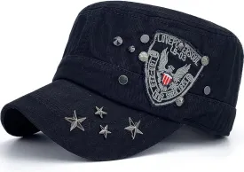 Men Women Soft Washed Cotton Adjustable Flat Top Military Army Hat Cadet Cap Zip Studs Embroidery Patch