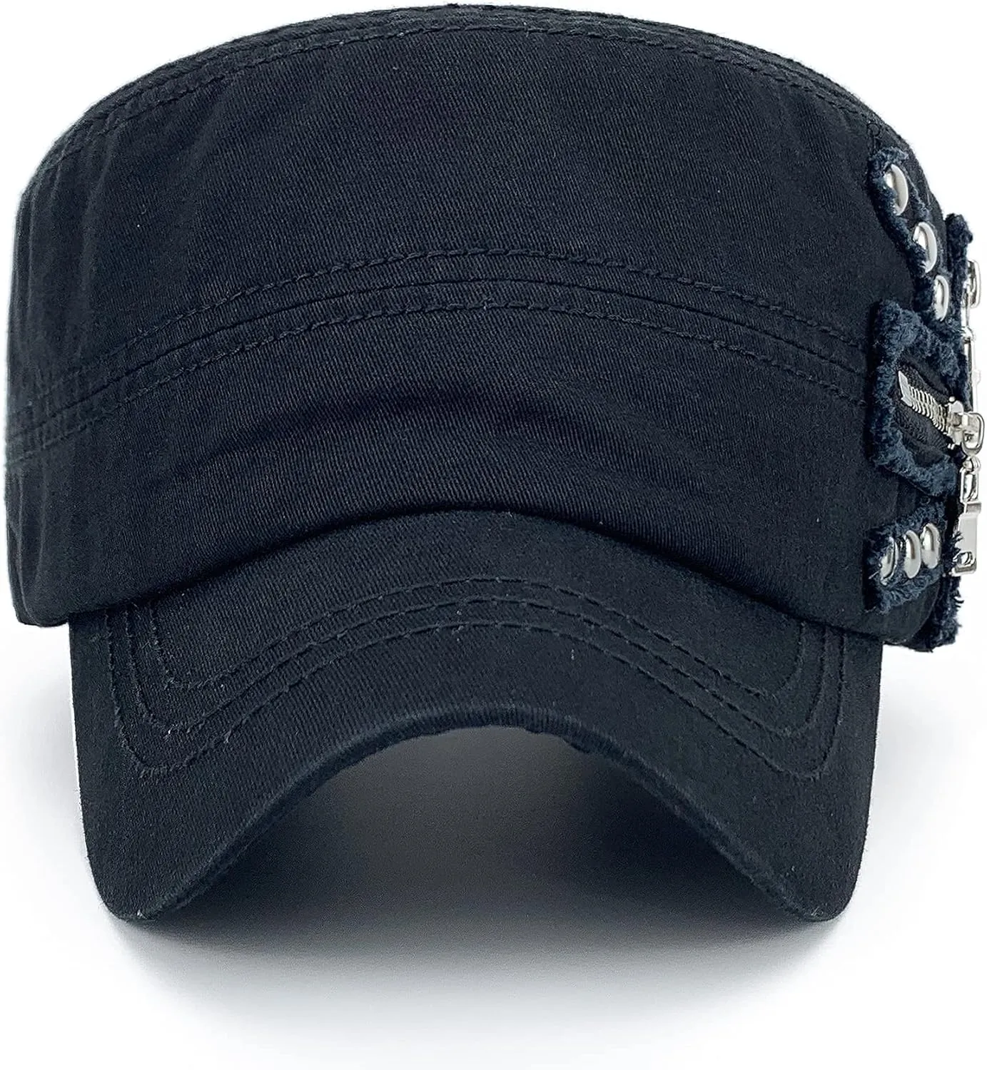 Men Women Soft Washed Cotton Adjustable Flat Top Military Army Hat Cadet Cap Zip Studs Embroidery Patch