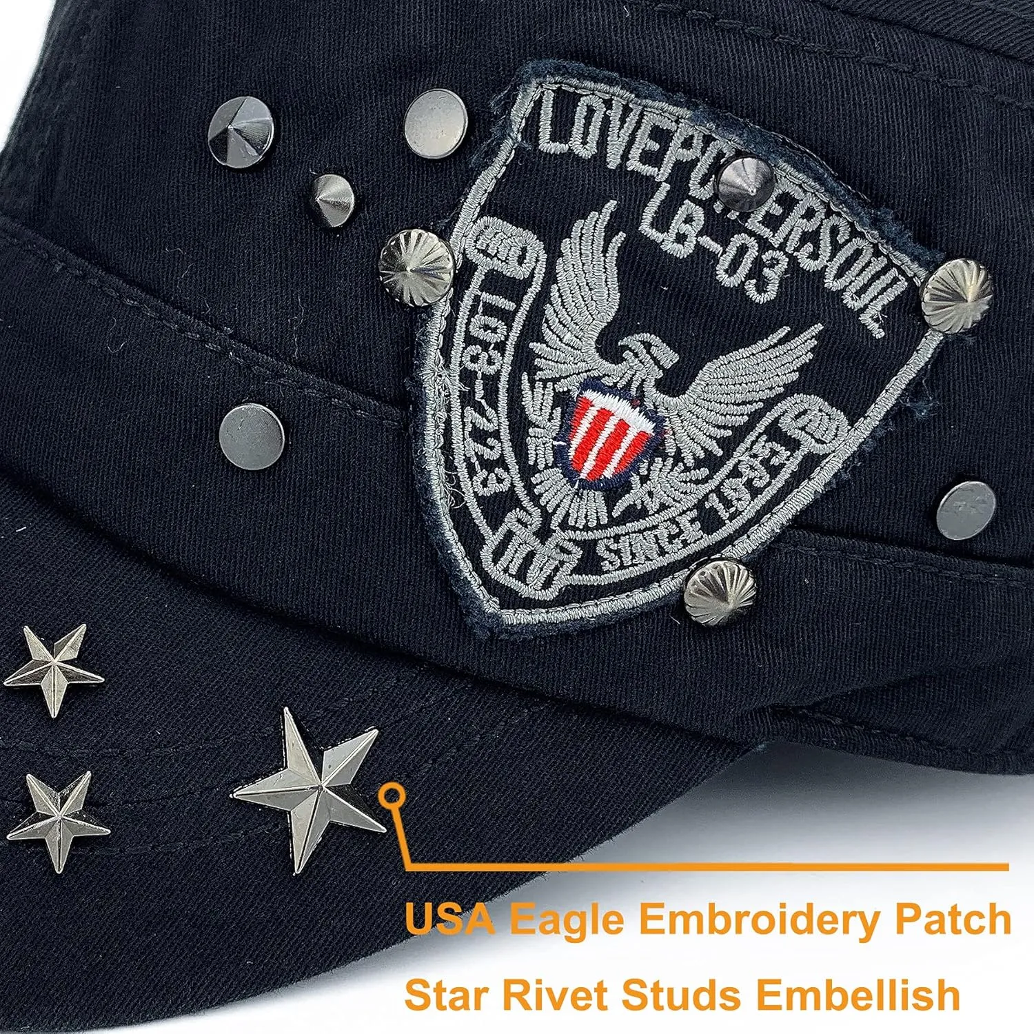 Men Women Soft Washed Cotton Adjustable Flat Top Military Army Hat Cadet Cap Zip Studs Embroidery Patch