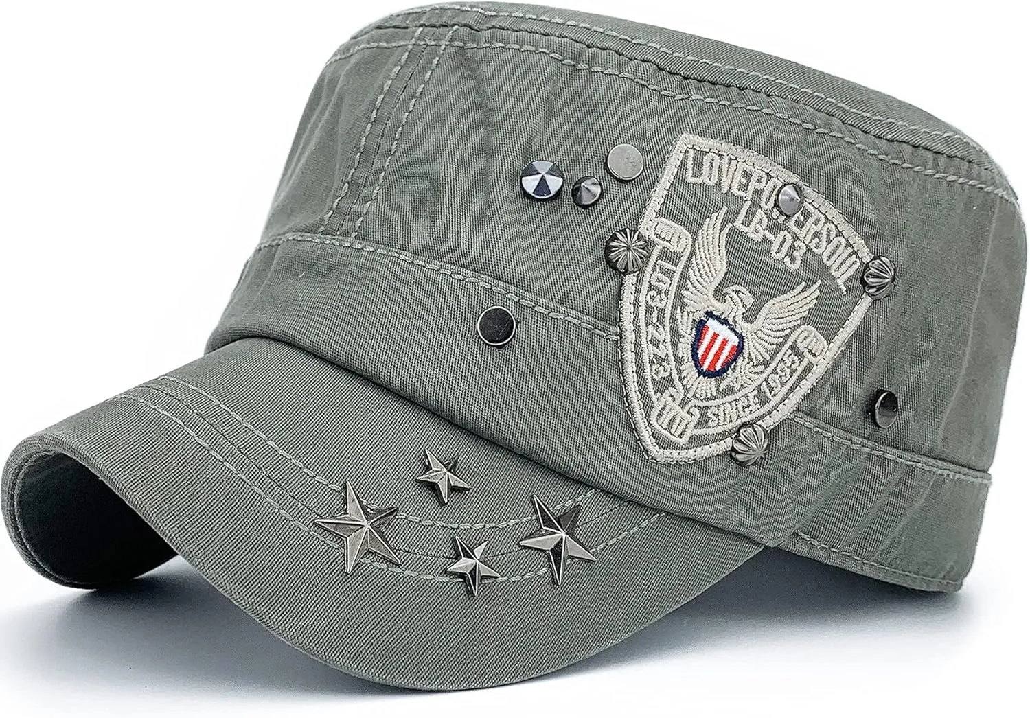 Men Women Soft Washed Cotton Adjustable Flat Top Military Army Hat Cadet Cap Zip Studs Embroidery Patch
