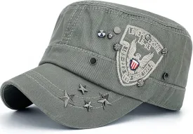 Men Women Soft Washed Cotton Adjustable Flat Top Military Army Hat Cadet Cap Zip Studs Embroidery Patch