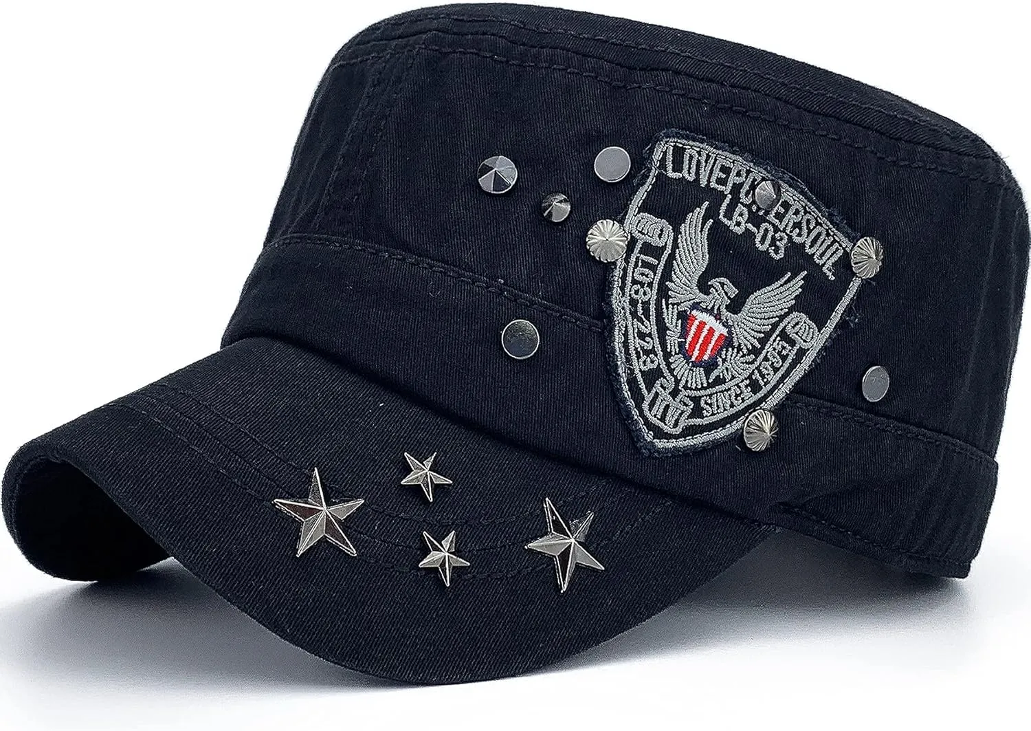 Men Women Soft Washed Cotton Adjustable Flat Top Military Army Hat Cadet Cap Zip Studs Embroidery Patch