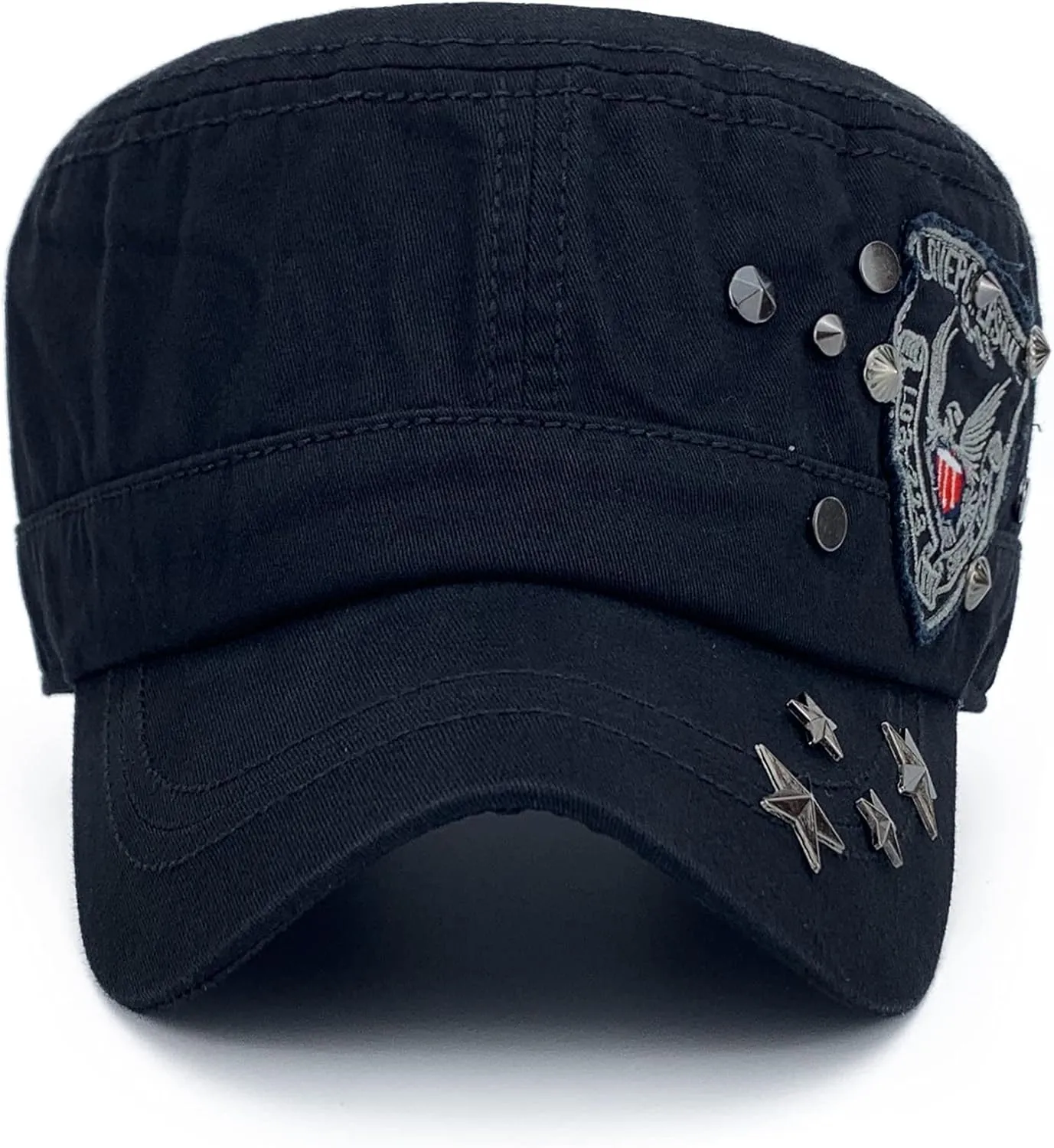 Men Women Soft Washed Cotton Adjustable Flat Top Military Army Hat Cadet Cap Zip Studs Embroidery Patch