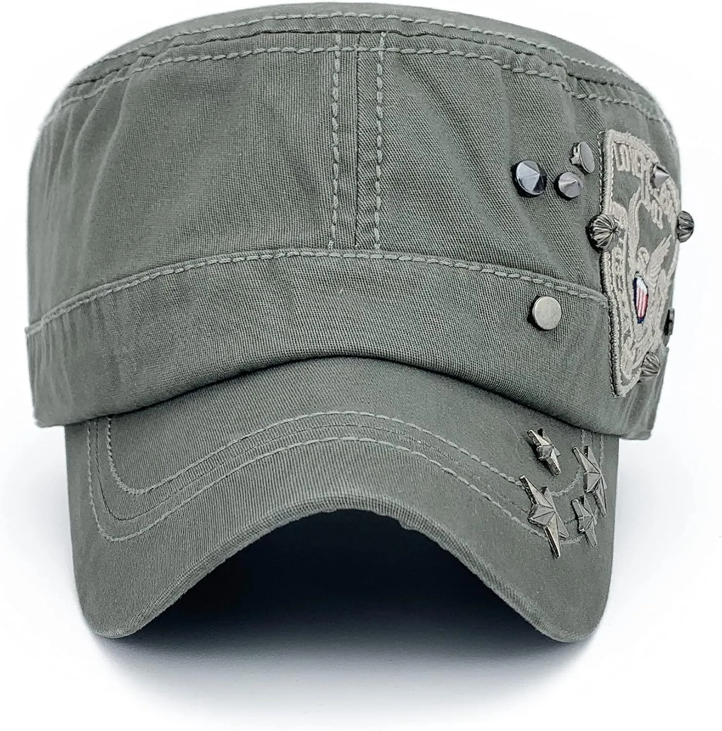 Men Women Soft Washed Cotton Adjustable Flat Top Military Army Hat Cadet Cap Zip Studs Embroidery Patch