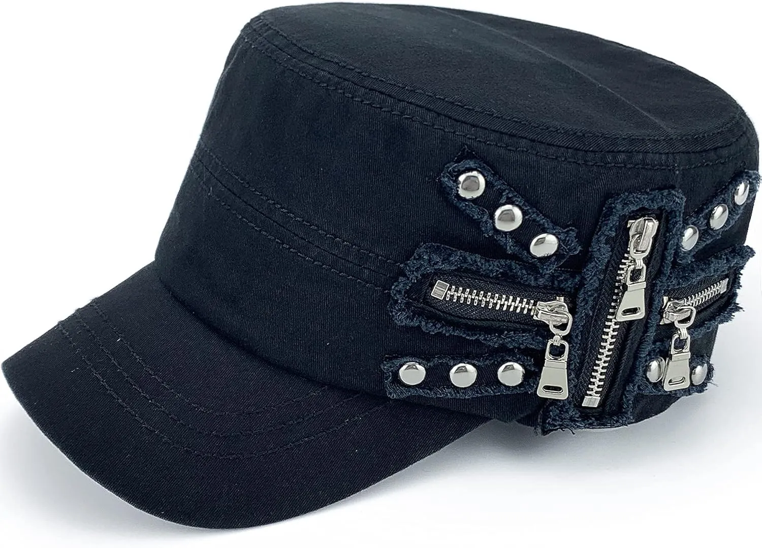 Men Women Soft Washed Cotton Adjustable Flat Top Military Army Hat Cadet Cap Zip Studs Embroidery Patch