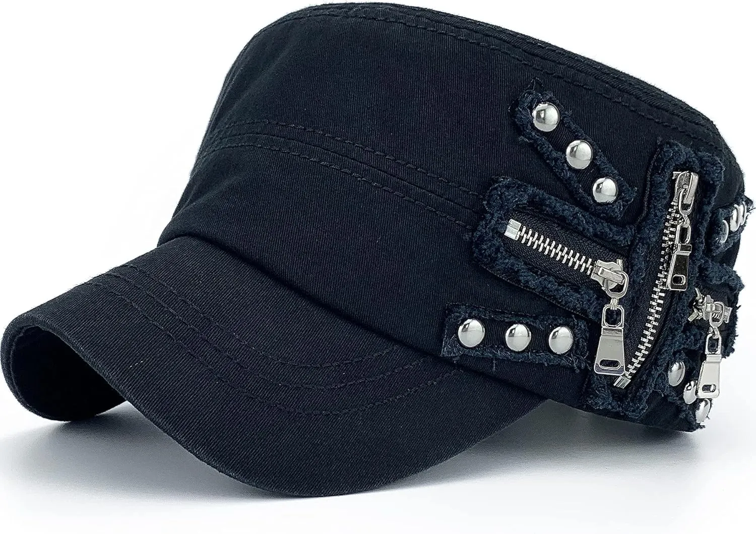 Men Women Soft Washed Cotton Adjustable Flat Top Military Army Hat Cadet Cap Zip Studs Embroidery Patch