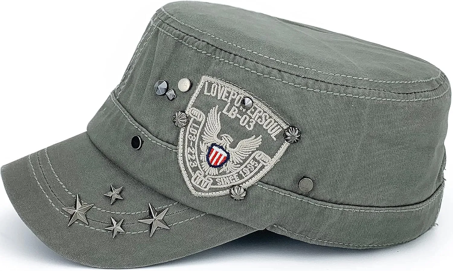 Men Women Soft Washed Cotton Adjustable Flat Top Military Army Hat Cadet Cap Zip Studs Embroidery Patch
