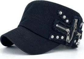 Men Women Soft Washed Cotton Adjustable Flat Top Military Army Hat Cadet Cap Zip Studs Embroidery Patch