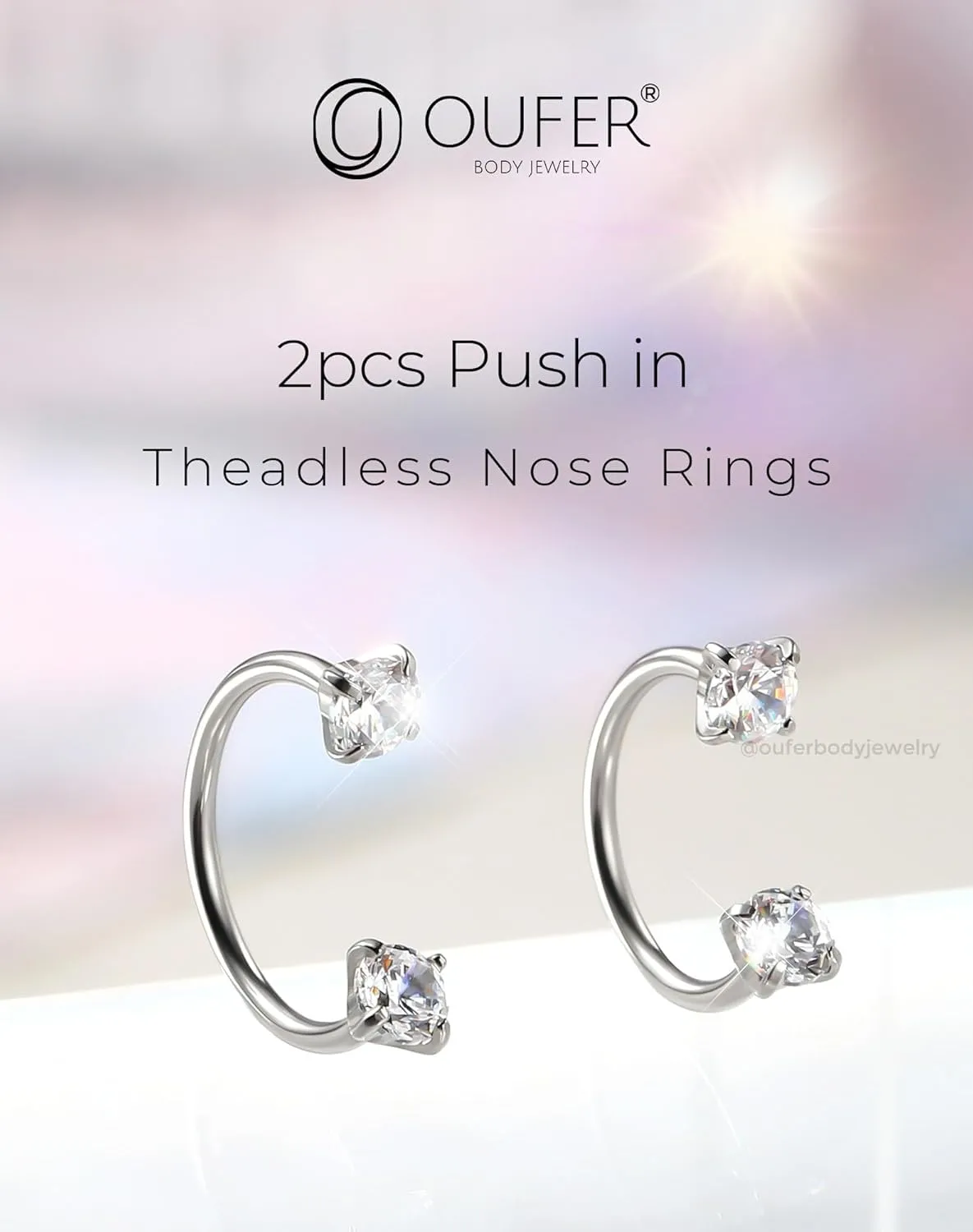 OUFER 2PCS 316L Surgical Steel Horseshoe Nose Rings Hoops, 20G Push Pin Threadless Nose Rings For Women Men, Double Crystal Horseshoe Septum Lip Eyebrow Helix Daith Ear Piercing Jewelry-7mm and 8mm