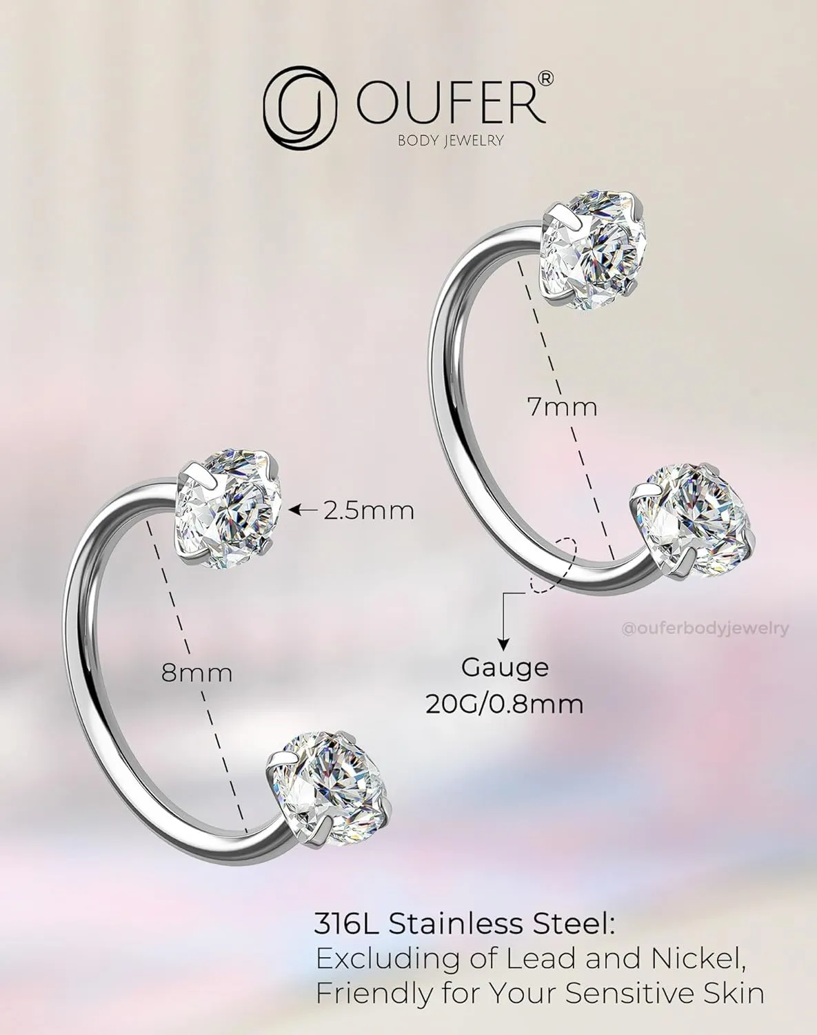 OUFER 2PCS 316L Surgical Steel Horseshoe Nose Rings Hoops, 20G Push Pin Threadless Nose Rings For Women Men, Double Crystal Horseshoe Septum Lip Eyebrow Helix Daith Ear Piercing Jewelry-7mm and 8mm