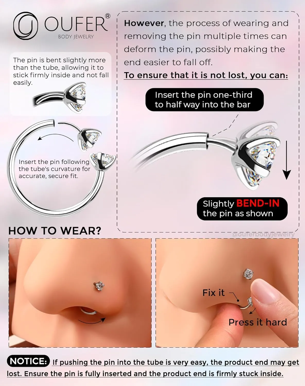 OUFER 2PCS 316L Surgical Steel Horseshoe Nose Rings Hoops, 20G Push Pin Threadless Nose Rings For Women Men, Double Crystal Horseshoe Septum Lip Eyebrow Helix Daith Ear Piercing Jewelry-7mm and 8mm