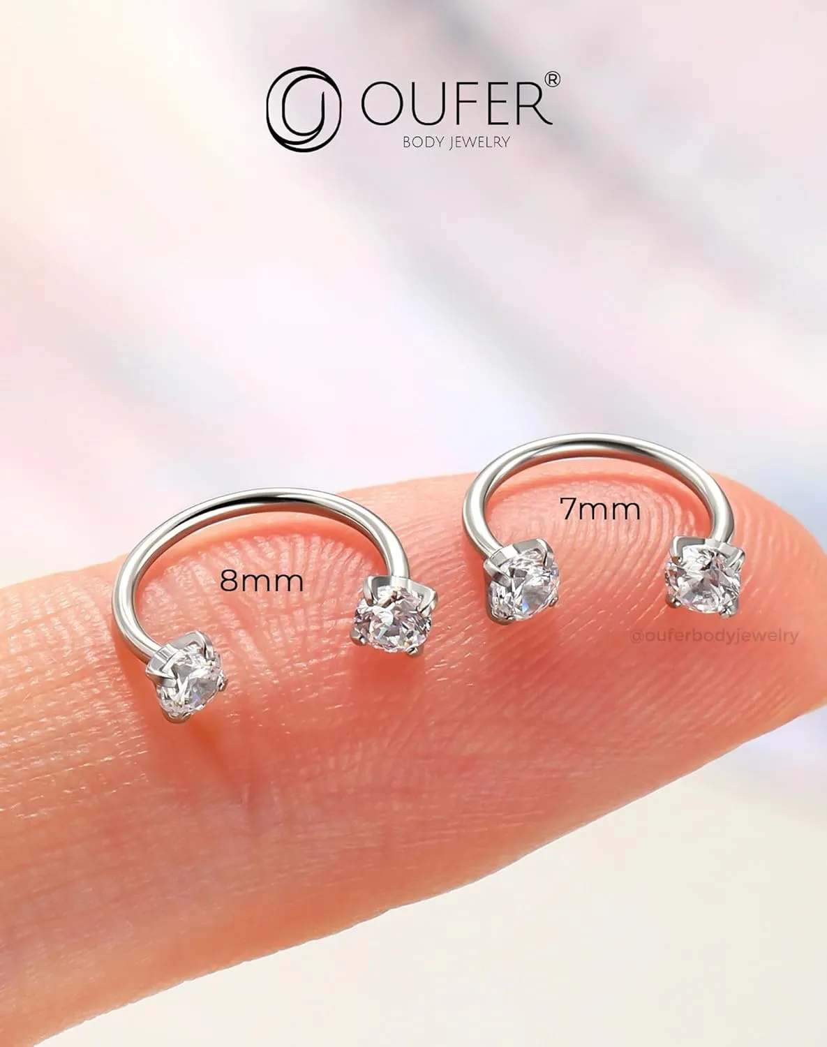 OUFER 2PCS 316L Surgical Steel Horseshoe Nose Rings Hoops, 20G Push Pin Threadless Nose Rings For Women Men, Double Crystal Horseshoe Septum Lip Eyebrow Helix Daith Ear Piercing Jewelry-7mm and 8mm