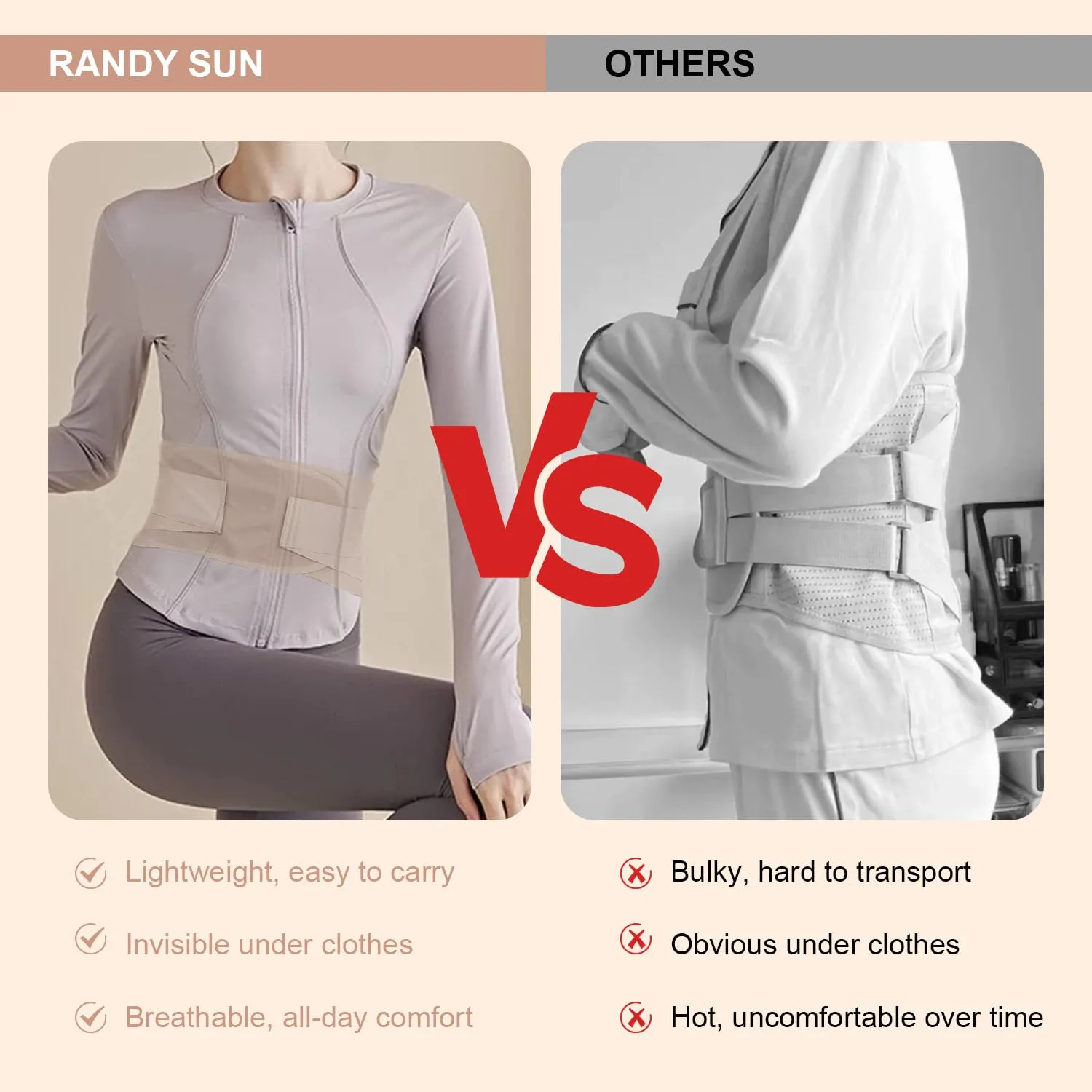 RANDY SUN Ultra Thin Back Brace, Women Lower Waist Support Belt Compression Wrap Under Clothes Adjustable Lower Lumbar Support Lightweight, XX-large