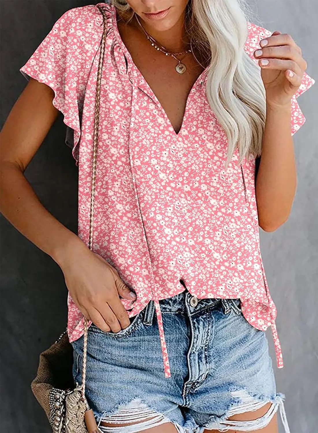 SimpleFun Women's Boho Tops Floral V Neck Short Sleeve Summer Blouse Shirts