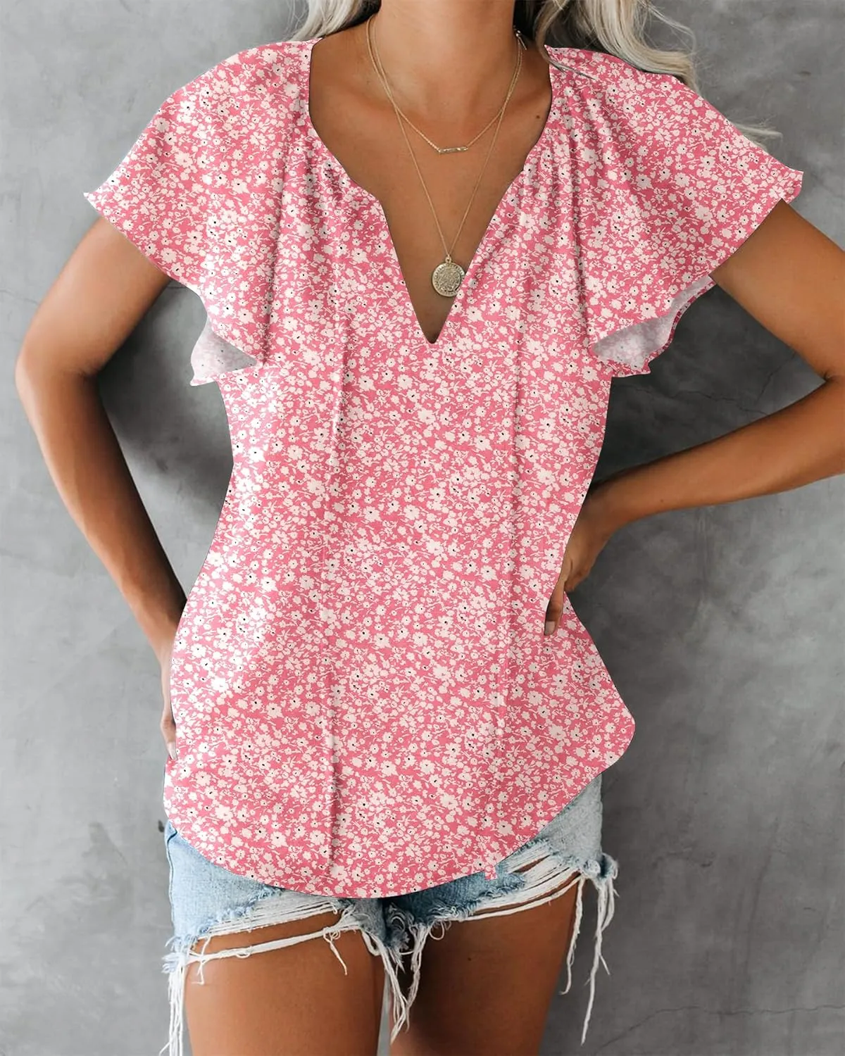 SimpleFun Women's Boho Tops Floral V Neck Short Sleeve Summer Blouse Shirts