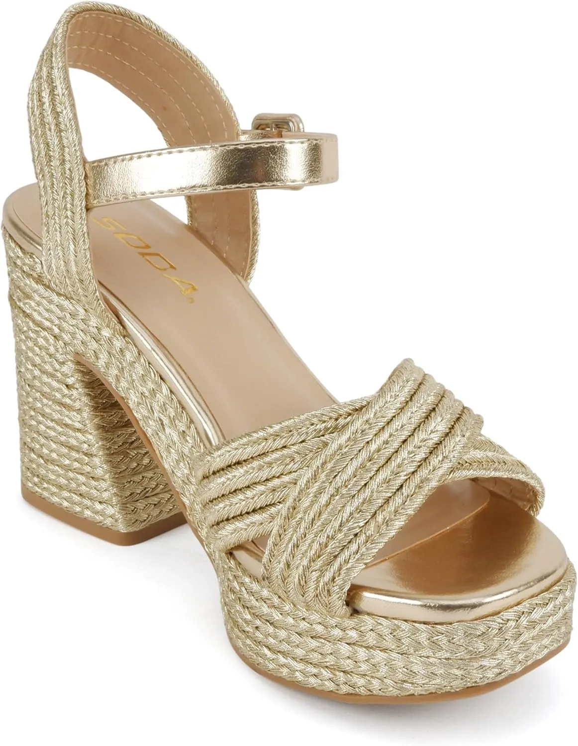Soda Yara ~ Square Open Toe Crisscross Band Ankle Strap High Heel Sandal