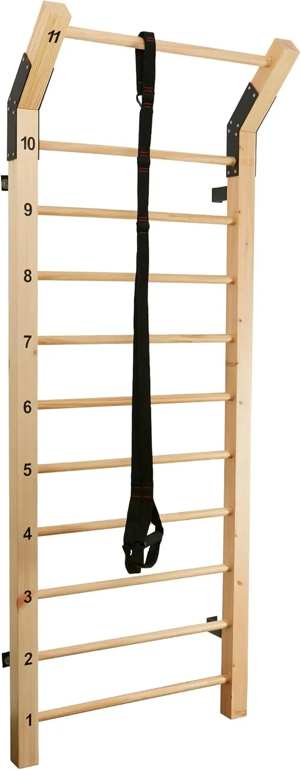 Swedish Ladder Wood Stall Bar  Physical Therapy & Gymnastics Ladder w/ 11 Strategic Rods - Ideal for Back Pain Scoliosis Exercise Equipment & Range of Motion