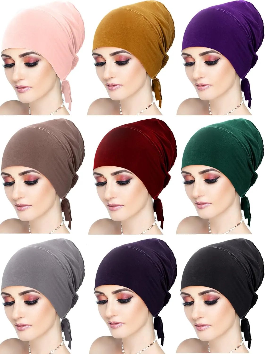 Vicenpal 9 Pcs Underscarf Hijab Cap for Women Muslim Hijab Undercap Hat Islamic Underscarf Cap with Tie